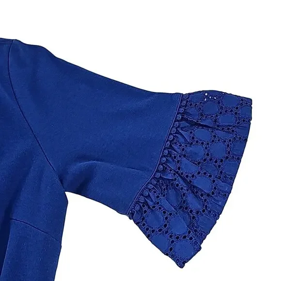 Talbots Womens Sz M Royal Blue Lace Bell Sleeves 100% Cotton Knee Length Dress - Picture 3 of 10